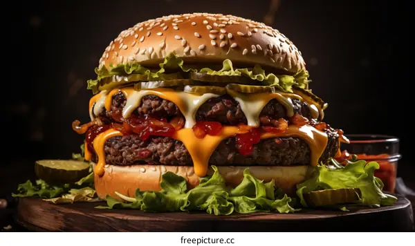 yummy double patty cheeseburger with pickles and lettuce