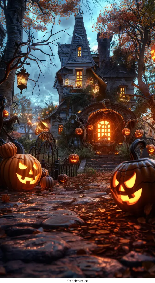 Spooky Halloween Pumpkin House at Night