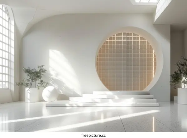 Minimalist White Interior with Podium and Plants