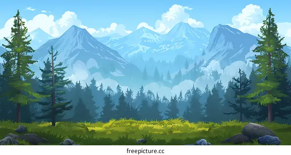 Mountain Landscape with Evergreen Trees and Fog