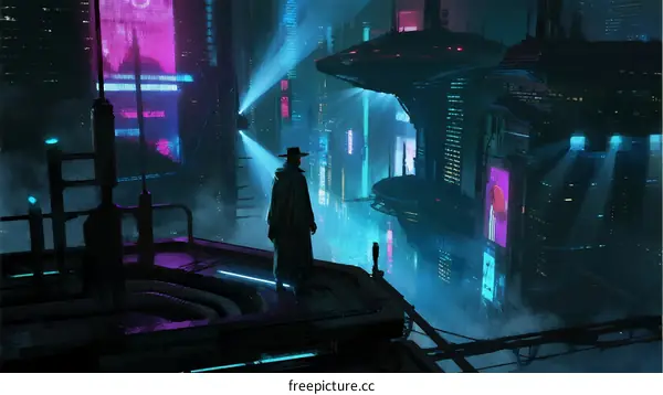 A Mysterious Figure Overlooking a Futuristic Cyberpunk Cityscape