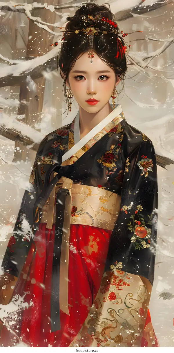 A beautiful Korean woman in traditional Hanbok dress standing in the snow