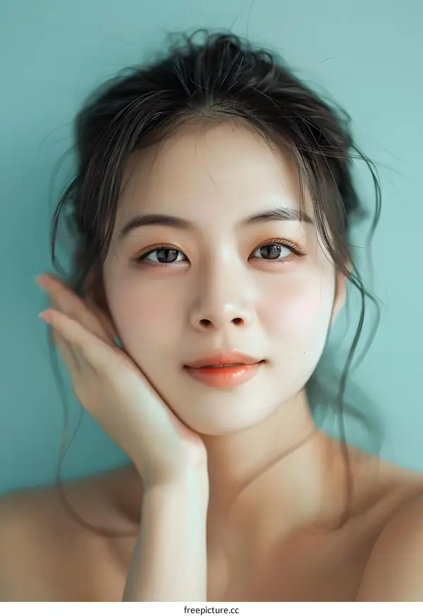 Beautiful Young Asian Woman with Clear Skin Looking at the Camera