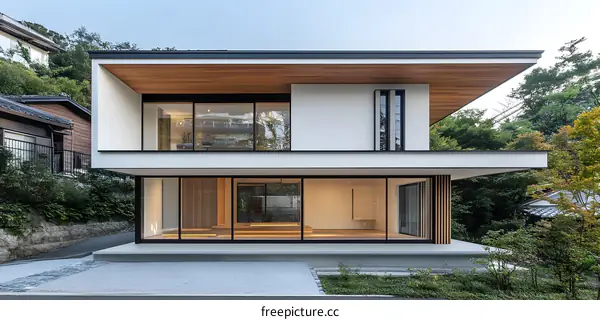 Modern Minimalist Home with a Wooden Canopy and Large Glass Windows