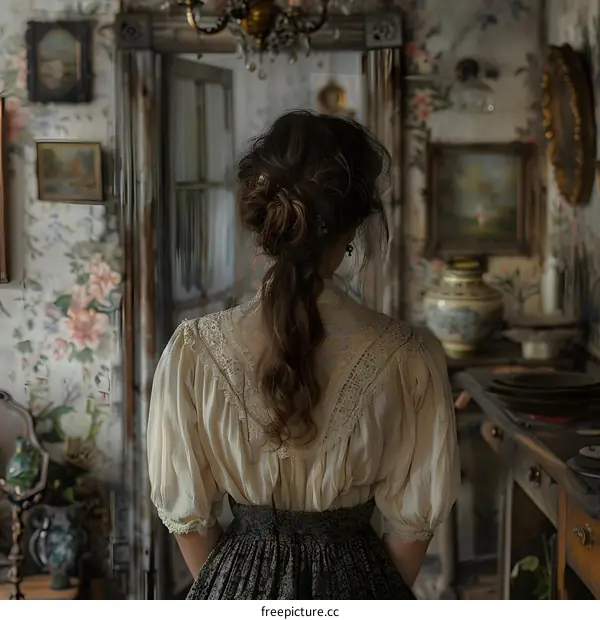 A woman wearing a vintage dress is standing in a room full of antiques.