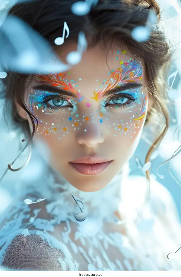 Colorful Face Paint Portrait of a Young Woman with a Veil