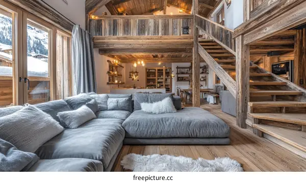 Rustic Mountain Chalet Living Room with Large Sectional Sofa