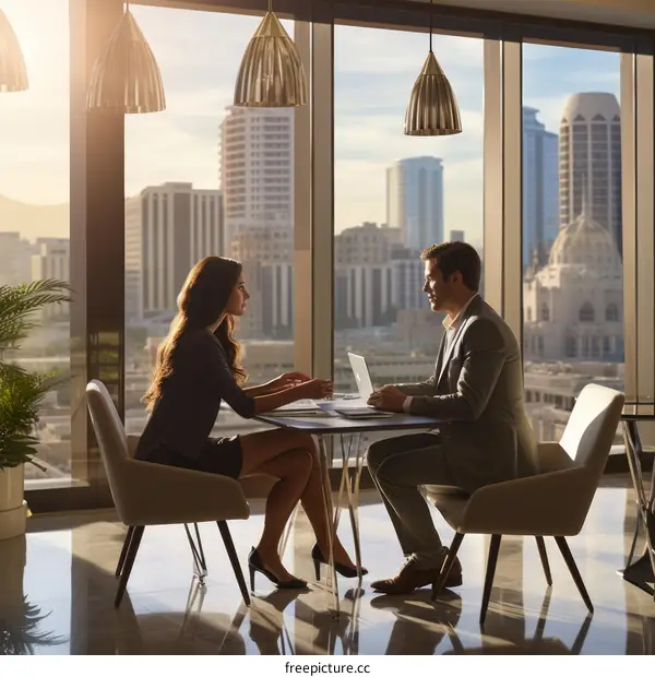 Business meeting in a modern office with a city view