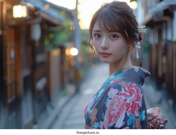 Japanese Woman in Traditional Kimono in a Street