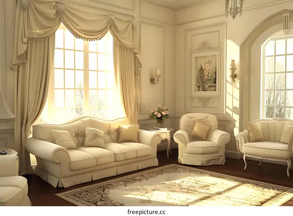 Elegant Living Room Interior Design With White Sofa and Beige Curtains