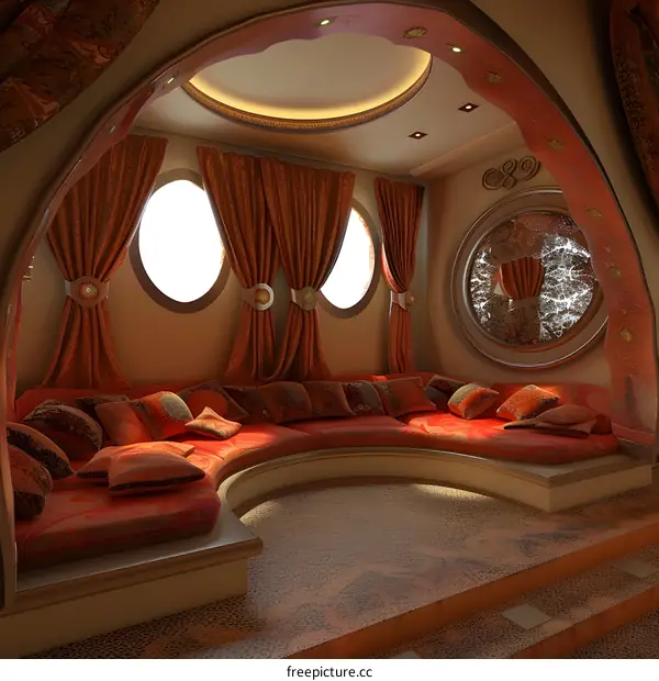 Round Windows and Curved Sofa In Luxury Interior Design