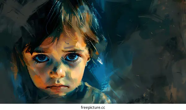 Portrait of a young girl with dark hair and big blue eyes