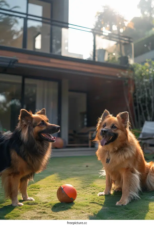 Two dogs playing fetch in the backyard