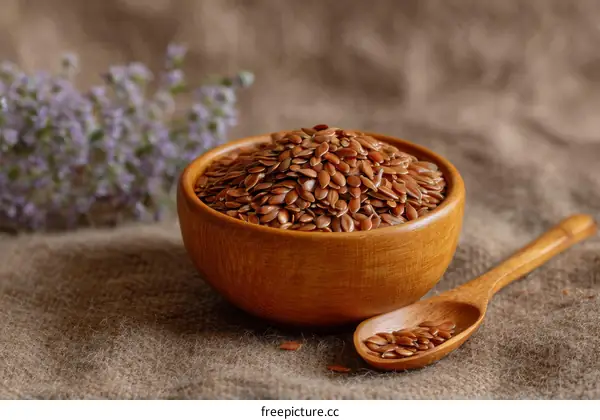 Linseed Seeds in Wooden Bowl on Burlap Background