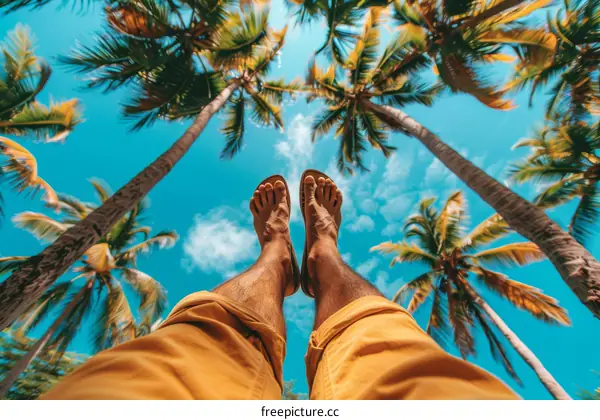 man in yellow pants relaxing under the coconut trees