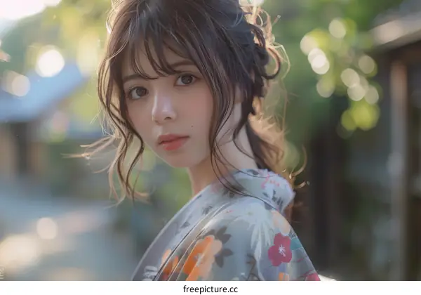 Portrait of a Beautiful Asian Woman in Traditional Japanese Kimono