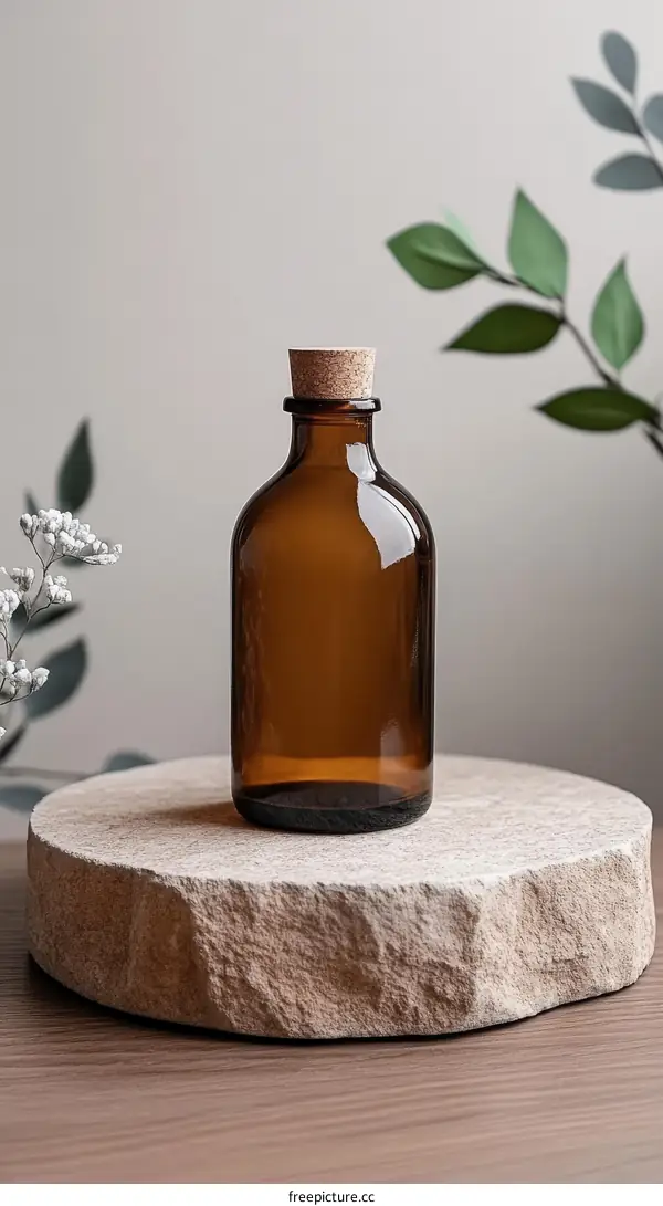 Amber Glass Bottle on Natural Stone Platter