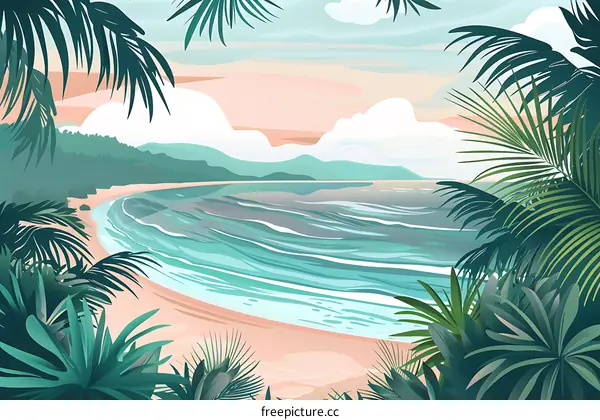 Tropical Beach Sunset Landscape Illustration