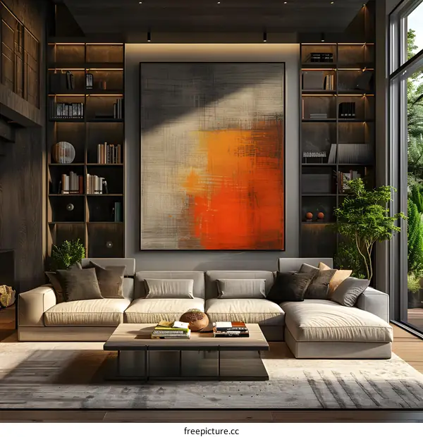 Modern living room interior with large orange painting and bookshelves