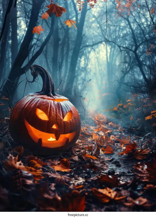 A spooky pumpkin sits in a dark forest on Halloween night