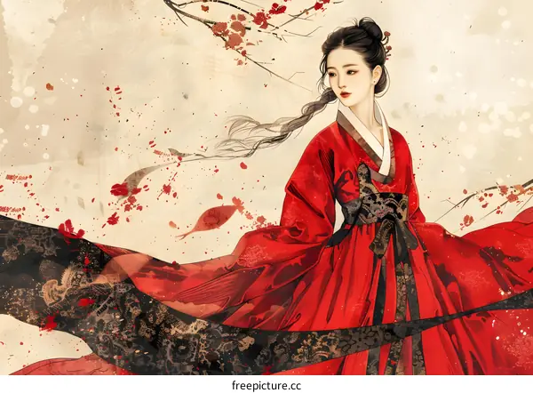 A beautiful painting of a woman in a red dress