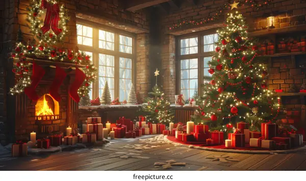 Christmas Living Room with Decorated Tree, Fireplace and Gifts