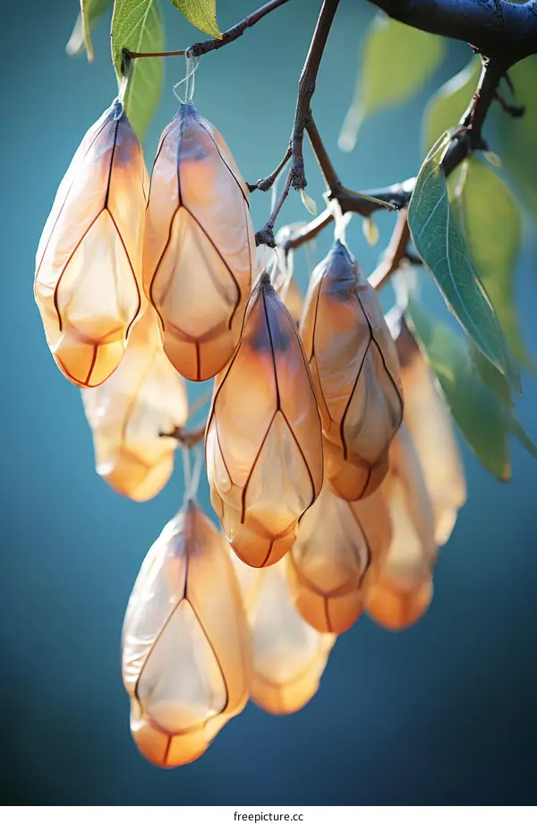 A branch of a tree with several hanging praying mantis egg cases.