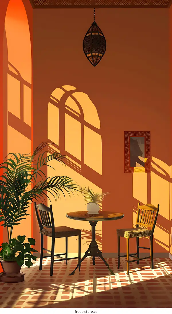 Illustration of a sunlit interior with a table and chairs