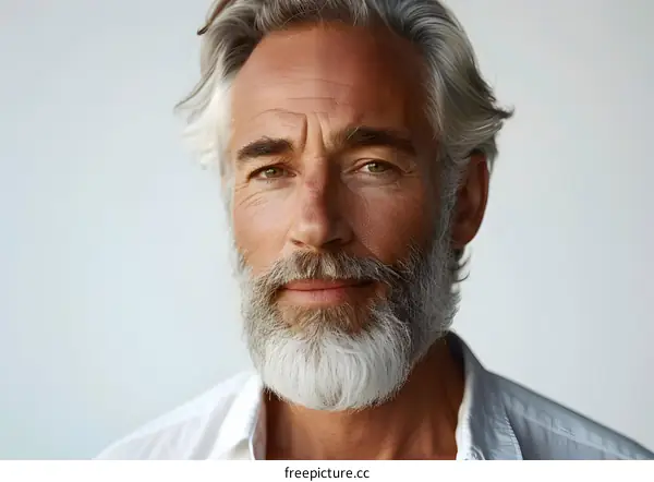 portrait of a handsome gray-haired man in a white shirt