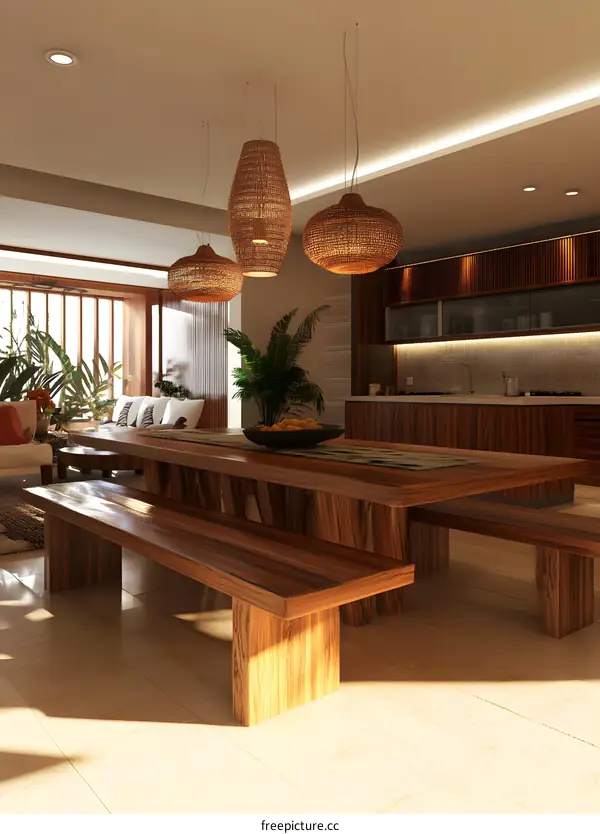 Modern Minimalist Interior Design With Wooden Table and Benches