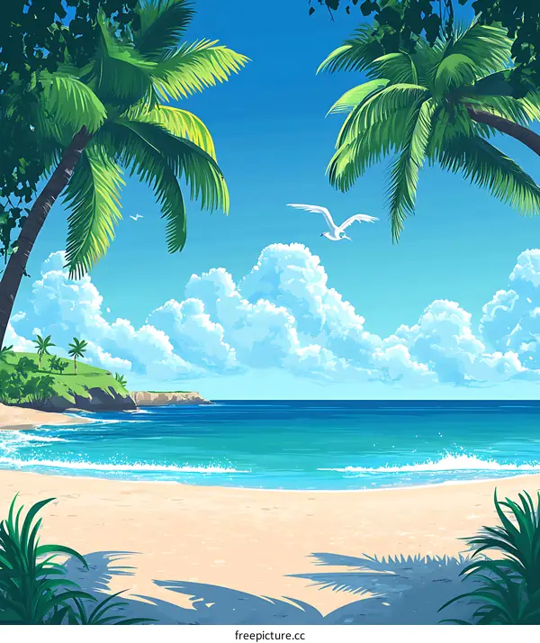 Tropical Beach Landscape with Palm Trees and Blue Sky