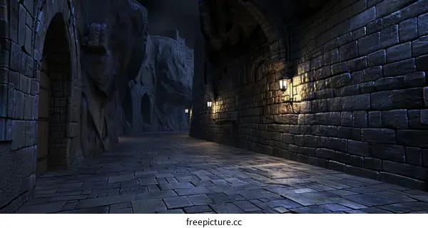A dark and mysterious alleyway in a medieval city.