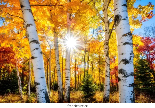 Autumn Birch Trees with Sun Shining Through
