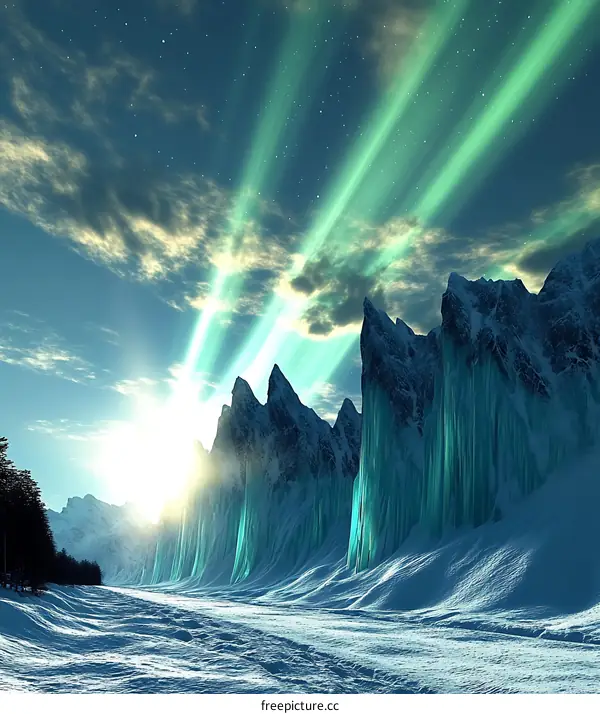 Winter Landscape With Aurora Borealis And Mountains