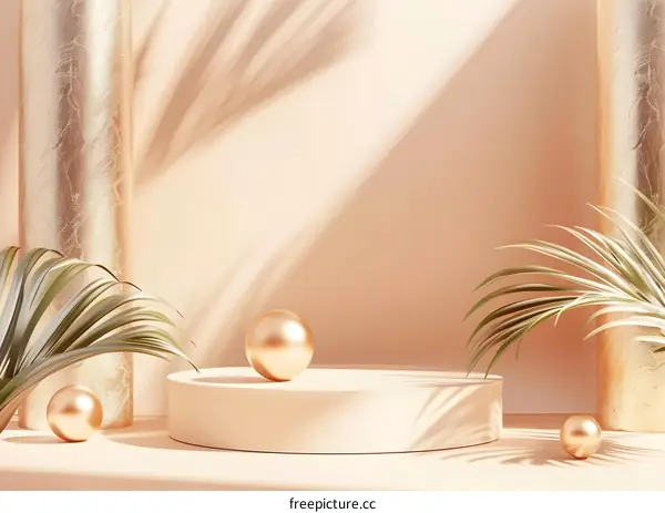 Minimalist 3D Render Of Beige Product Display Stand With Golden Sphere And Palm Leaves