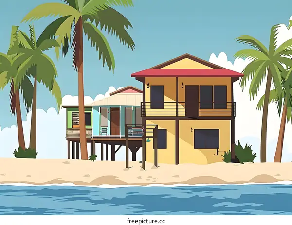 Tropical Beach House with Palm Trees Illustration