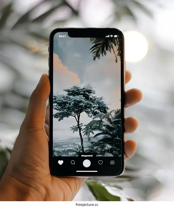 Hand Holding Smartphone Displaying Nature Scene