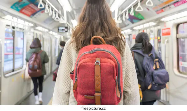 Woman with Red Backpack on Train in Japan