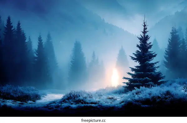 Misty Mountain Forest Landscape in Winter