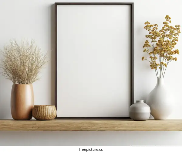 Empty Frame with Dried Flowers on Wooden Shelf