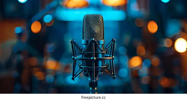 Black microphone in recording studio with blurred orange and blue background