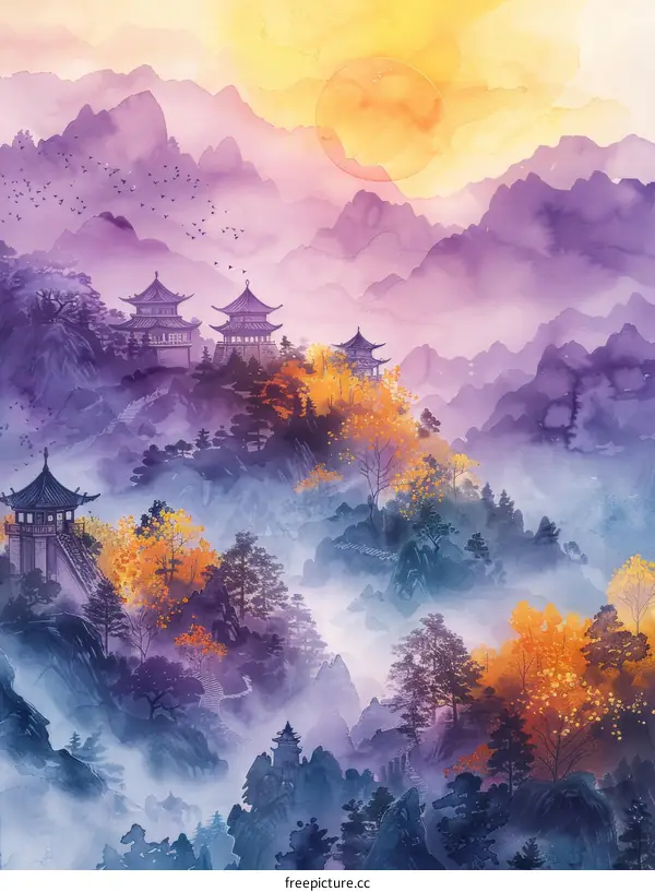 Misty Mountain Landscape with Traditional Chinese Buildings