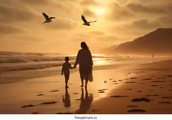 Mother and Son at Sunset on a Beautiful Beach