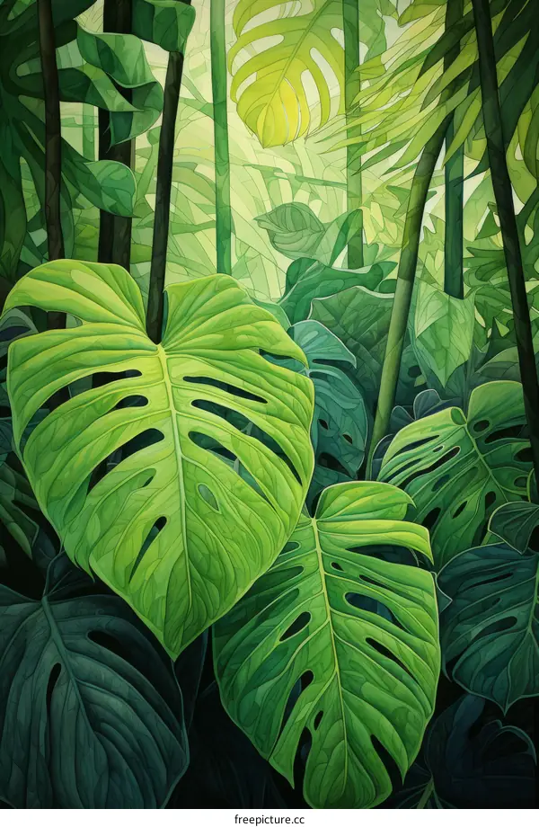 Green leaves of a tropical plant. Large carved leaves of a tropical plant in the jungle. Green foliage of exotic plants. Botanical illustration.