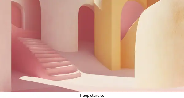 Abstract Minimalist 3D Render of Pink and Yellow Archway Interior