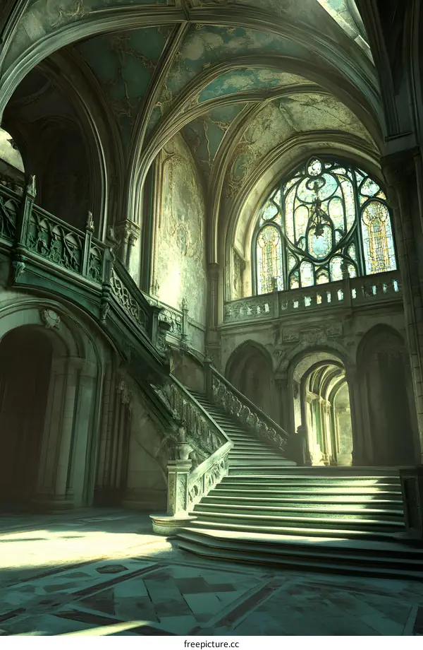 Stone Stairway in a Grand Hall with Stained Glass Windows