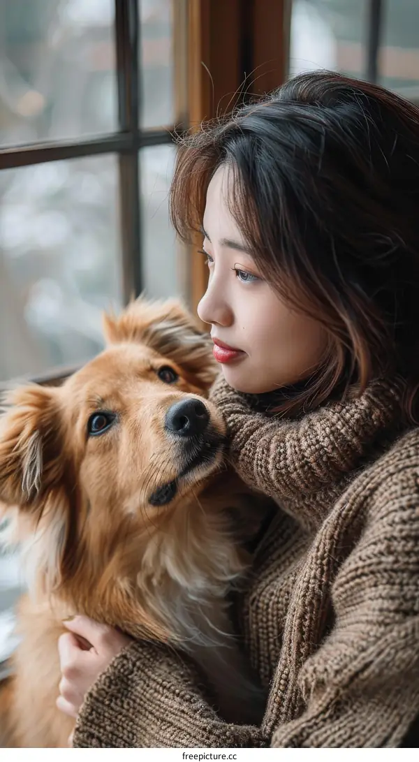 A young woman and her dog are looking out the window.