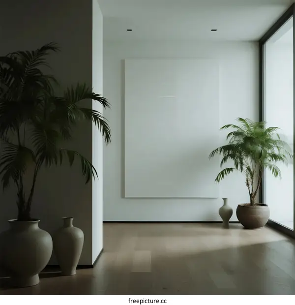 Modern minimalist interior space with potted plants and blank canvas