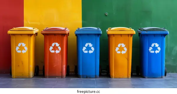 Five Plastic Recycle Bins in Front of a Multicolored Wall