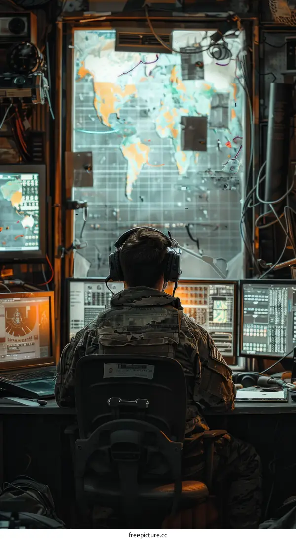 Soldier sitting in front of a computer with a map on the wall
